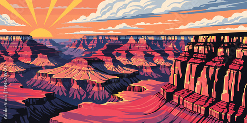 Grand Canyon Sunrise Panorama – Layered Red Rock Cliffs, Warm Gradient Sky, Ultra‑Wide Flat Vector Landscape, Iconic Southwest Wonder, United States