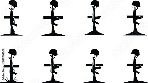 Military icon set featuring helmet and cross memorial symbols