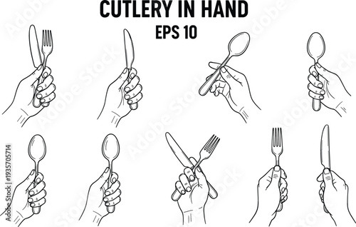 Set of human hands holding spoon fork and knife vector illustration in hand drawn line art style for restaurant