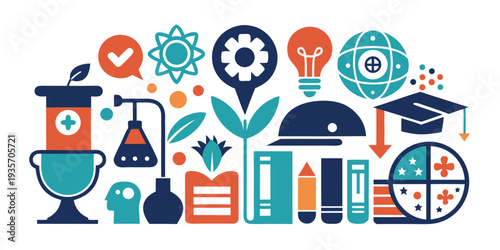 Colorful icons representing education science health and global connectivity