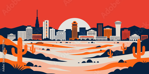 Las Vegas Skyline Desert Sunset – Warm Orange Gradient Glow, Ultra‑Wide Flat Vector Panorama, Iconic Nevada Cityscape, United States