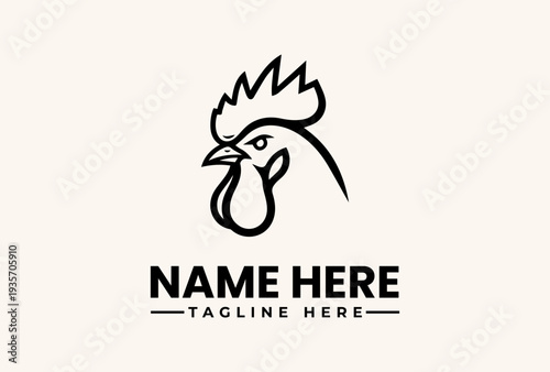 A minimalist illustration of a rooster's head with a customizable name and tagline on a clean white background, featuring a stylized logo and vector graphics.