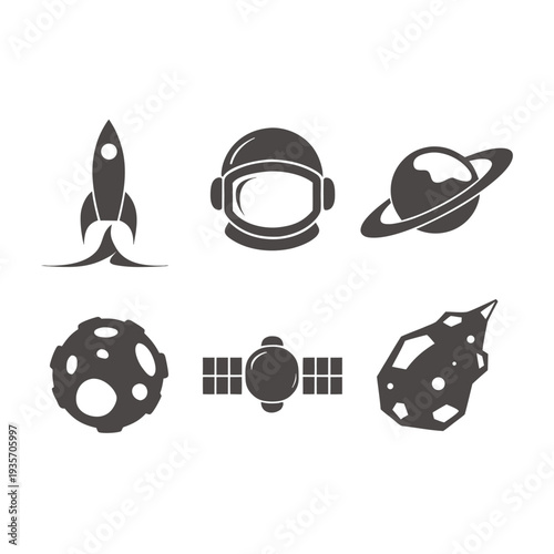 Black and white space exploration including rocket satellite astronaut and planet