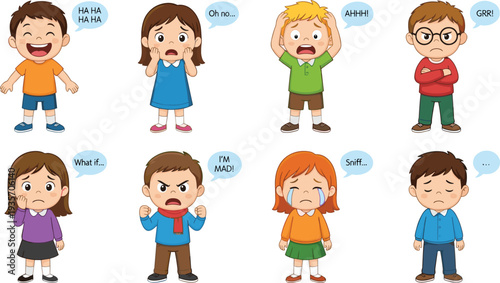 Cute Cartoon Kids Showing Different Emotions and Reactions with Speech Bubbles Happy Sad Angry Scared Expressions Children Feelings Illustration for Education Communication and Character Design