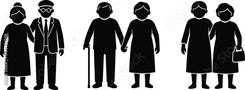 Elderly Couples Silhouette Set Showing Senior Men and Women Walking with Cane, Companionship, Retirement Lifestyle, Aging People Support and Family Care Concept Illustration