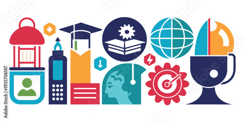 Colorful icons representing education technology and global connectivity