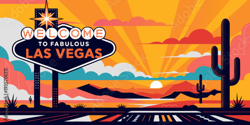 Welcome to Fabulous Las Vegas – Sunset Desert Glow, Ultra‑Wide Flat Vector Banner, Iconic Nevada Landmark Sign, United States
