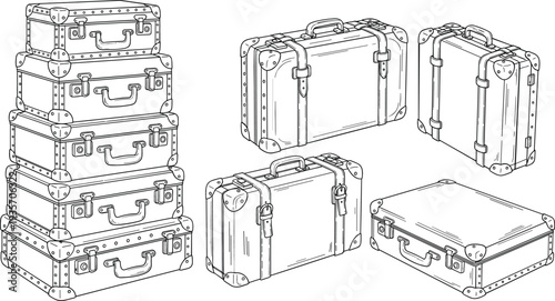 Set of vintage travel suitcases and antique luggage trunks vector illustration in hand drawn line art style for travel
