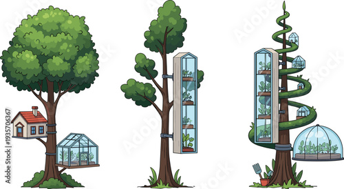 Creative eco treehouse illustration with futuristic greenhouse, vertical garden, modern architecture, sustainable living, nature conservation concept, vector design for environment