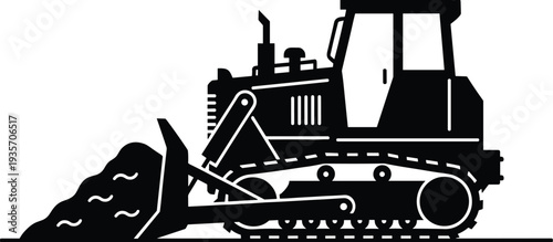 Minimal vector silhouette, excavator digging with bucket extended, solid black, isolated on white.