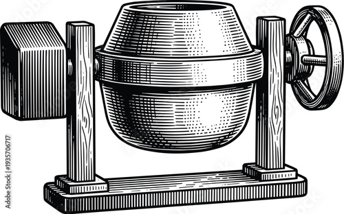 Retro concrete mixer cement machine for construction vintage engraving illustration