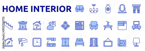 Home Interior icon set color lineal style with sofa, ceiling lamp, vase, mirror, curtain, bookshelf, chair, table, wallpaper, tv table, bed, window icons
