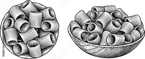 Pasta rigatoni macaroni vector illustration black and white woodcut style
