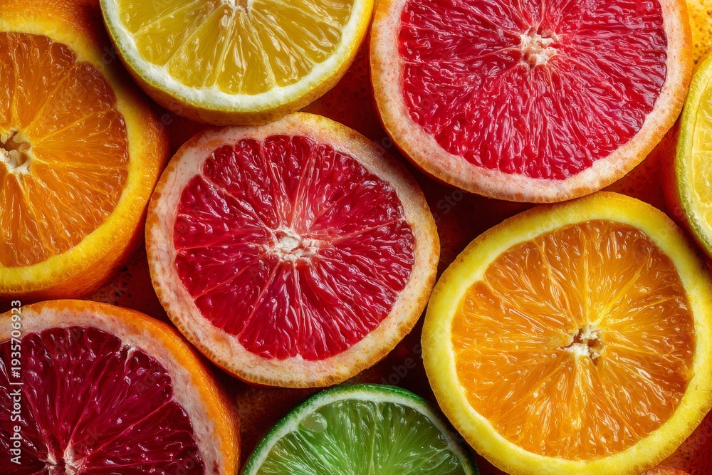 Fototapeta premium Colorful citrus slices background with orange lemon lime and grapefruit
