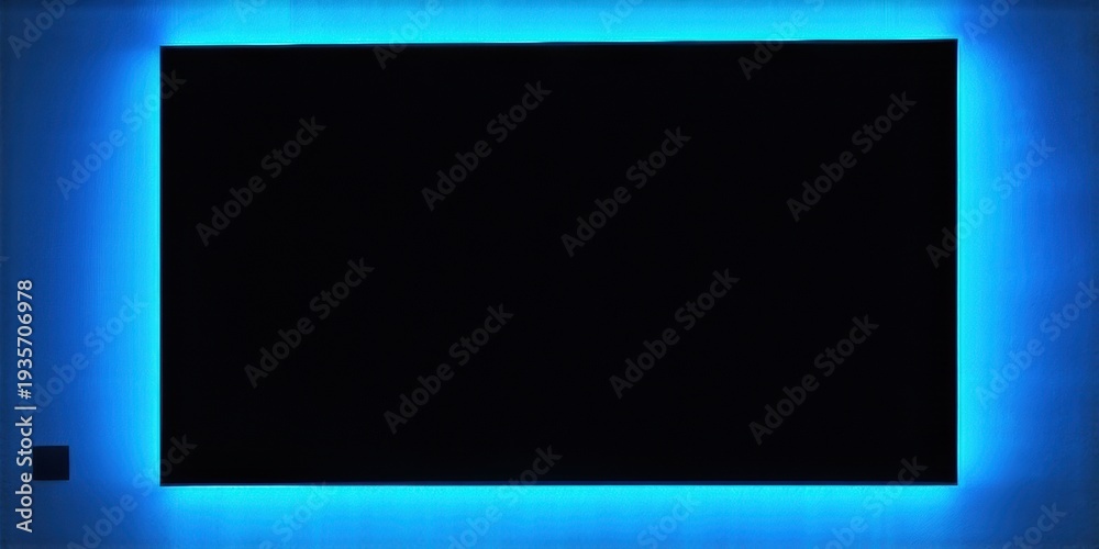 Fototapeta premium Rectangular black canvas surrounded by vibrant blue illumination. Dark background emphasizes glowing light source, modern aesthetic.