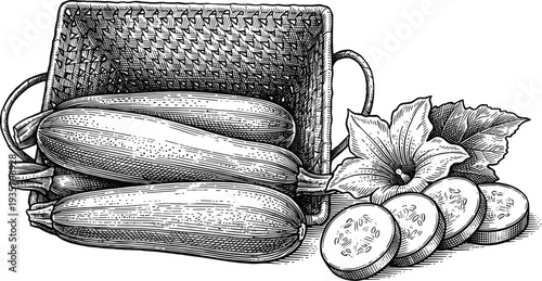 Fresh zucchini harvest illustration with sliced rounds flowers and leaf in basket