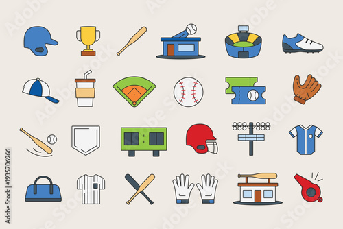 Baseball icons set simple flat cartoon style. Baseball sport symbol logo icon stickers collections. Vector illustration