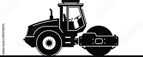 A black and white illustration of a road roller or steamroller construction vehicle