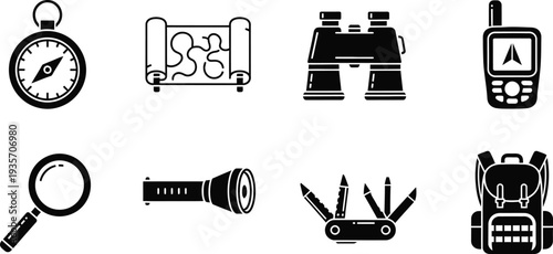 Icon set featuring navigation and exploration symbols including compass map binoculars mobile phone magnifying glass screw ant and robot