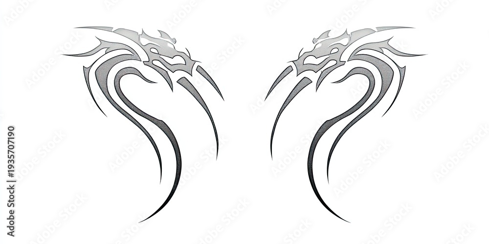 Obraz premium Two symmetrical tribal-style dragon head designs, curved bodies, in gray gradients, on a white backdrop