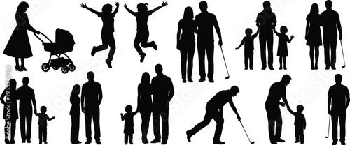 Family life silhouettes collection showing parents, children, baby stroller, elderly with cane, walking, jumping kids, parenting moments, generations together isolated vector style illustration