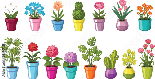 Colorful Potted Flowers and Houseplants Collection with Decorative Indoor Plants Cactus Monstera Palm and Blooming Flowers Flat Vector Botanical Illustration.