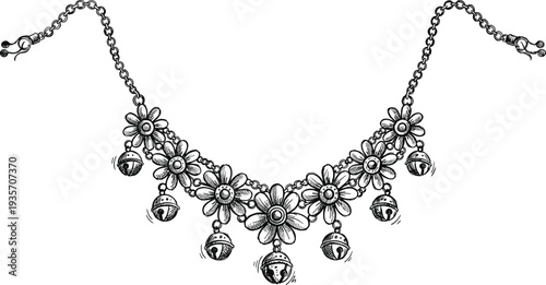 Black and white hand-drawn sketch of an intricate floral necklace with bells