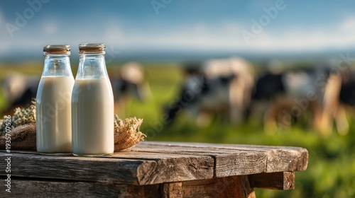 Fresh Milk Bottles on Wooden Table with Pastoral Cow Background