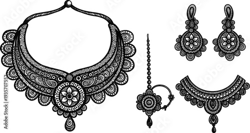 Traditional indian jewelry set with necklace earrings and a headpiece