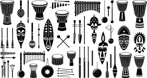 African tribal musical instruments and masks silhouettes collection with traditional drums percussion culture symbols isolated illustration set