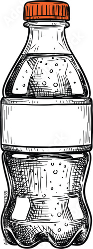 Plastic bottle with fizzy drink and bubbles, orange cap, vintage sketch