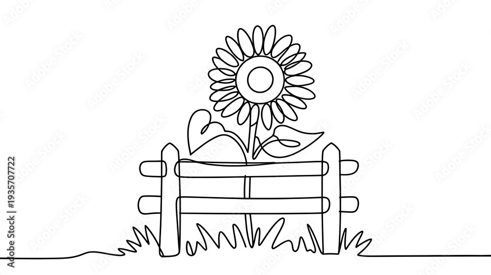 Fototapeta premium Hand-Drawn Vibrant Sunflower Illustration in Rustic Garden Setting with Fence and Lush Greenery
