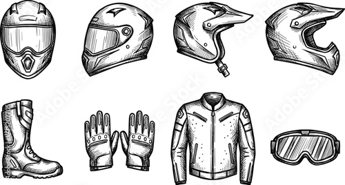 Set motorcycle rider equipment vintage vector illustration line art style drawing