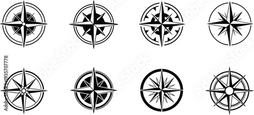 Icon set of various compass navigation symbols for direction and orientation