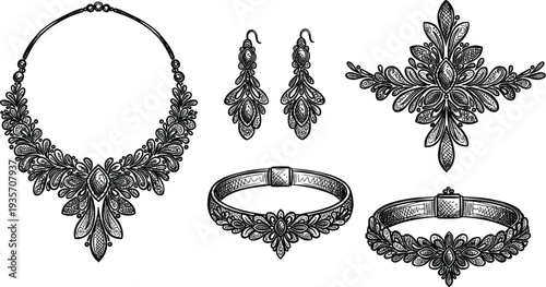 Set ethnic indian jewelry vintage vector illustration line art style drawing fashion
