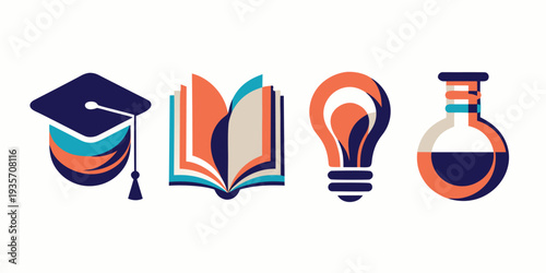 Illustrative icons representing education learning and scientific discovery