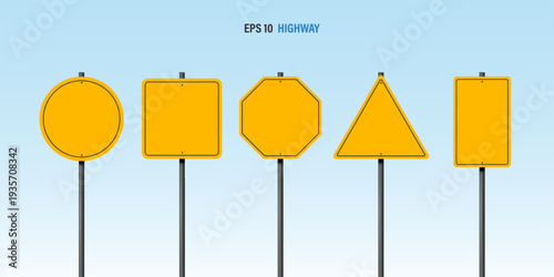 Blank yellow road signs set. Circle, square, octagon, triangle, and rectangle traffic warning templates on metal poles against blue sky. Vector highway information mockup with copy space.