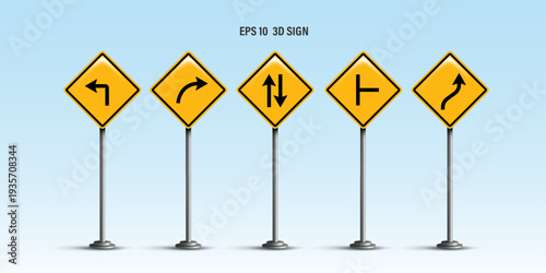 Set of 3D yellow diamond traffic warning signs on metal poles against blue sky. Directional arrows including left turn, right curve, two-way, and T-junction. EPS 10 vector illustration.