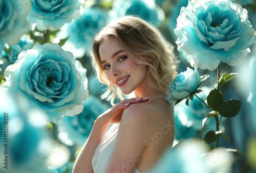 A beautiful smiling blonde woman in a wedding dress holds a rose bouquet in a green summer nature setting