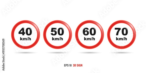 Collection of 3D realistic red circular speed limit traffic signs. 40, 50, 60, and 70 km/h maximum speed restriction regulatory symbols isolated on white background. EPS 10 vector illustration.