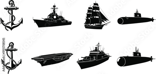 Nautical icon set anchor and ship silhouettes for maritime design