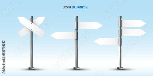 3D blank white directional signpost set with left and right arrows on metal pole against light blue sky and clouds. EPS 10 vector illustration template for outdoor navigation and choice concepts.