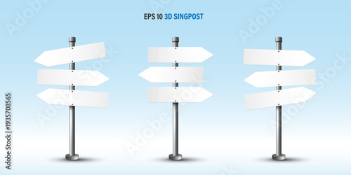 3D blank white directional signpost set with left and right arrows on metal pole against light blue sky and clouds. EPS 10 vector illustration template for outdoor navigation and choice concepts.
