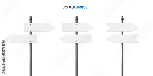 Collection of 3D blank white directional signposts with different arrow pointing designs on metal poles isolated on a white background. EPS 10 vector illustration templates for navigation and choice.