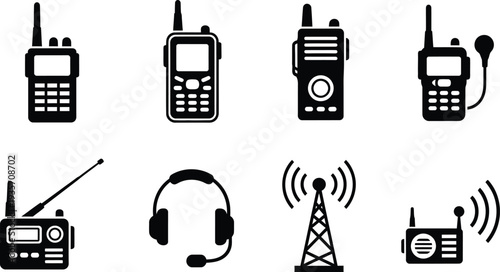 Icon set of various mobile phones radios and communication devices