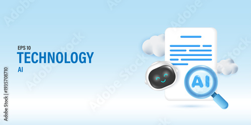 3D artificial intelligence robot analyzing document with AI magnifying glass. Cute chatbot character searching data, machine learning and cloud computing technology concept vector illustration.