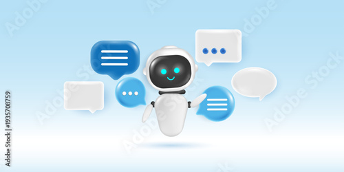 3D artificial intelligence chatbot robot vector set. Cute AI virtual assistant analyzing document, generating content and chatting with bubbles for online customer support and technology web banner.