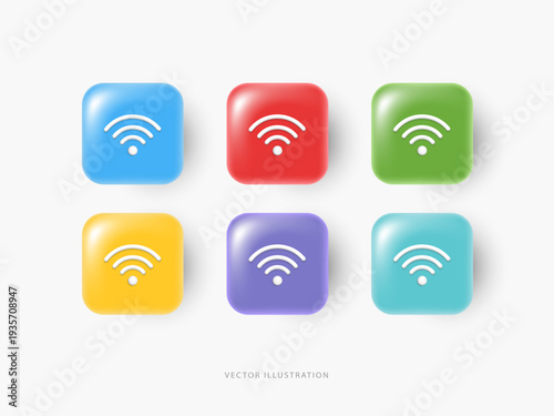 Set of colorful 3D square glossy Wi-Fi signal icons. Wireless internet connection sign, network communication technology symbol, app button element isolated on white background vector illustration.