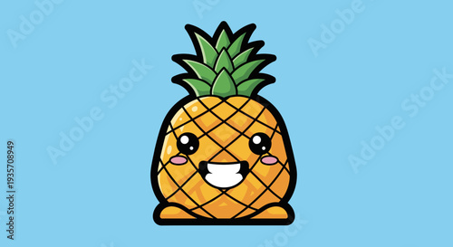 Cartoon pineapple character with happy expression against blue backdrop