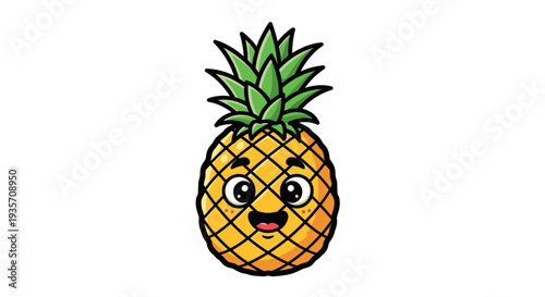 Cartoon pineapple character with happy expression and green top on white